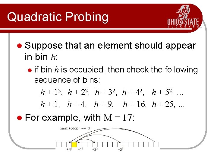 Quadratic Probing l Suppose that an element should appear in bin h: l if