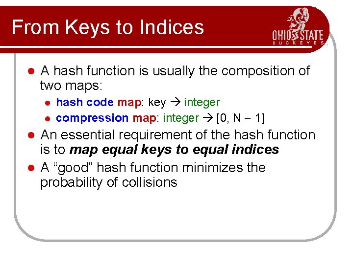From Keys to Indices l A hash function is usually the composition of two