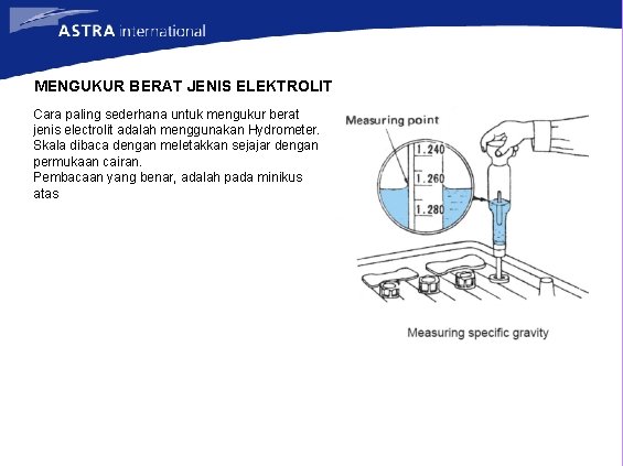MENGUKUR BERAT JENIS ELEKTROLIT Cara paling sederhana untuk mengukur berat jenis electrolit adalah menggunakan