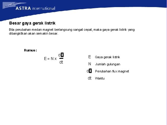 Besar gaya gerak listrik Bila perubahan medan magnet berlangsung sangat cepat, maka gaya gerak