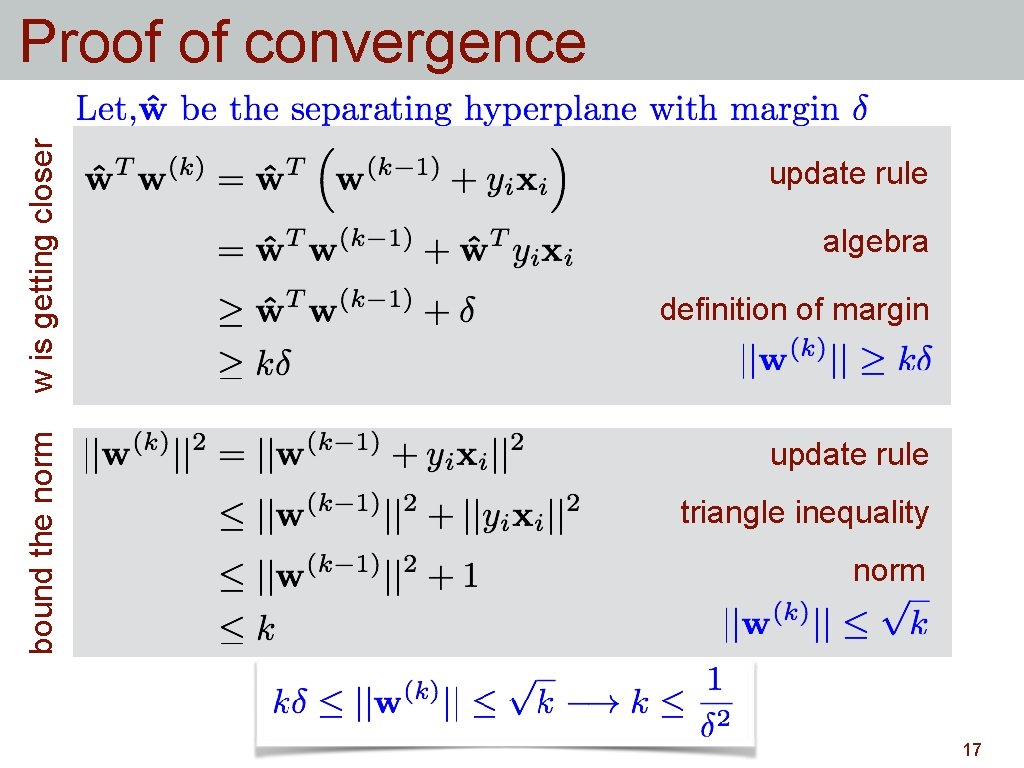 bound the norm w is getting closer Proof of convergence update rule algebra definition