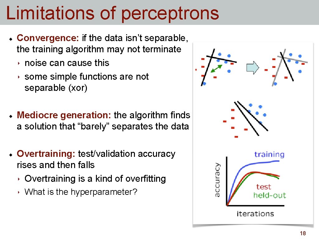 Limitations of perceptrons Convergence: if the data isn’t separable, the training algorithm may not