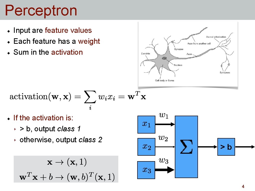 Perceptron Input are feature values Each feature has a weight Sum in the activation