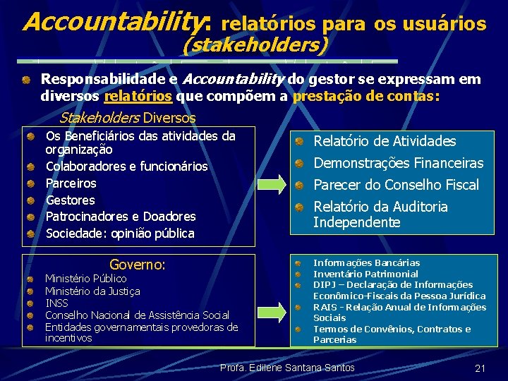 Accountability: relatórios para os usuários (stakeholders) Responsabilidade e Accountability do gestor se expressam em