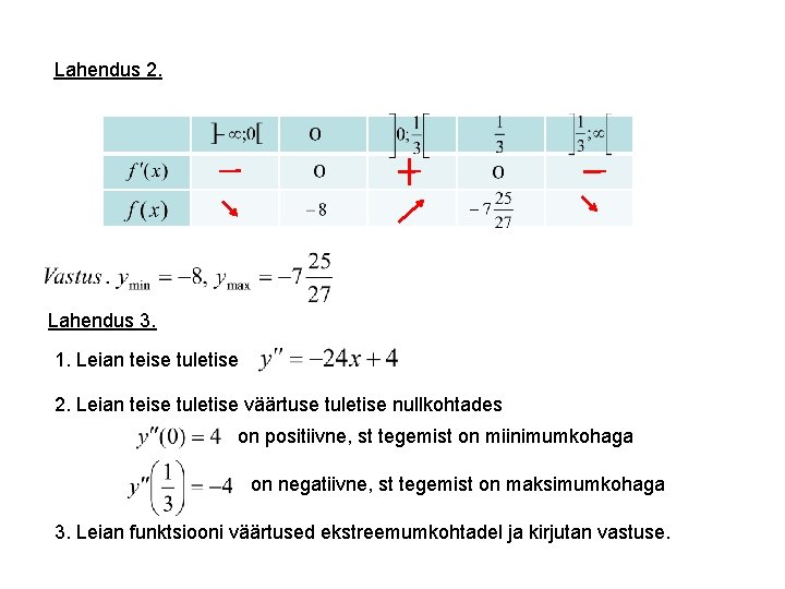 Lahendus 2. Lahendus 3. 1. Leian teise tuletise 2. Leian teise tuletise väärtuse tuletise