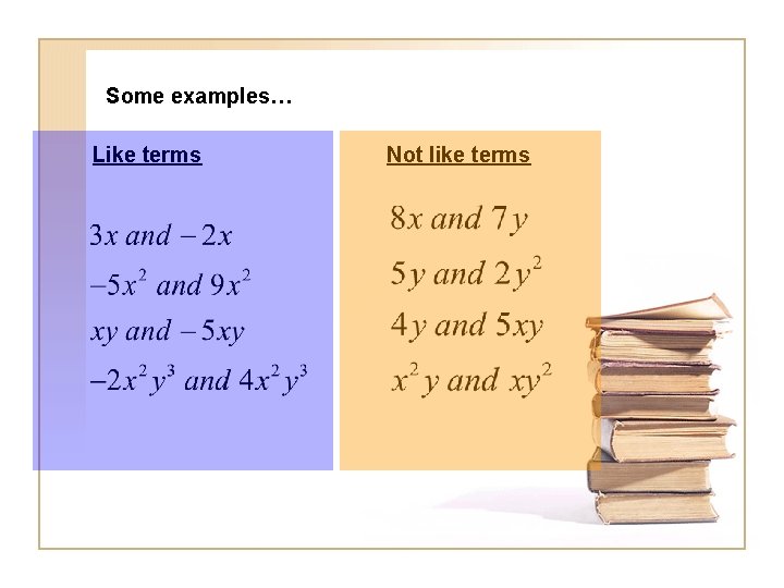 Some examples… Like terms Not like terms 