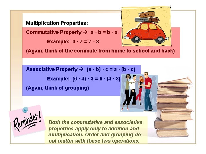 Multiplication Properties: Commutative Property a · b = b · a Example: 3 ·