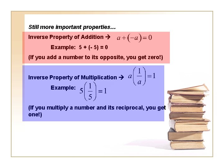 Still more important properties… Inverse Property of Addition Example: 5 + (- 5) =
