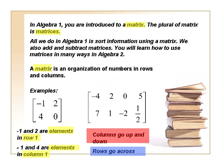 In Algebra 1, you are introduced to a matrix. The plural of matrix is