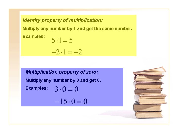 Identity property of multiplication: Multiply any number by 1 and get the same number.