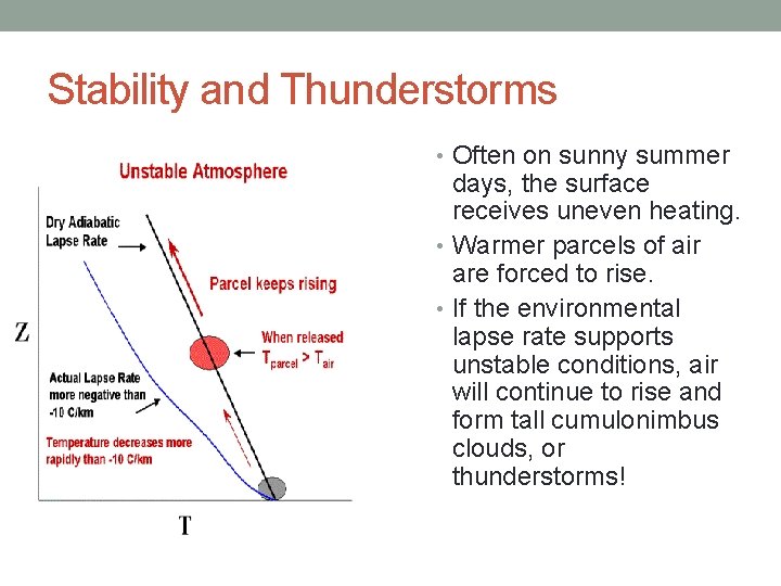 Stability and Thunderstorms • Often on sunny summer days, the surface receives uneven heating.