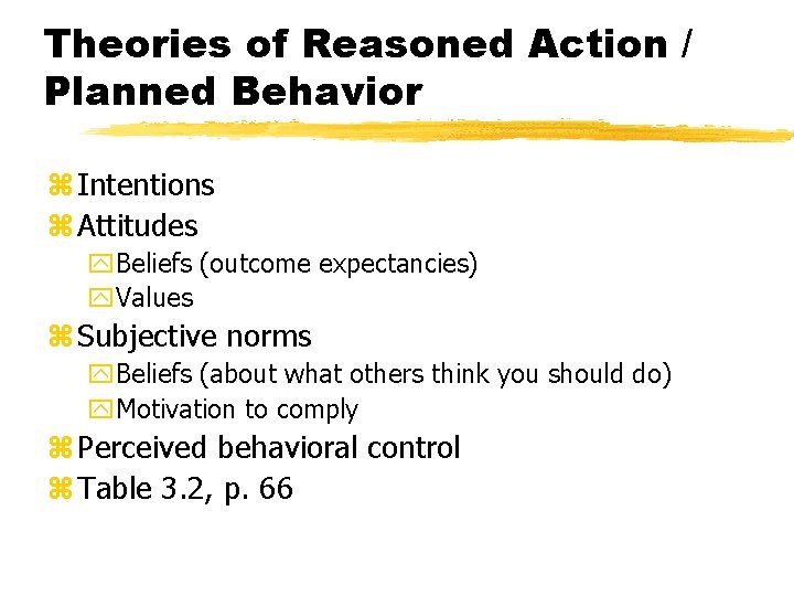 Theories of Reasoned Action / Planned Behavior z Intentions z Attitudes y. Beliefs (outcome