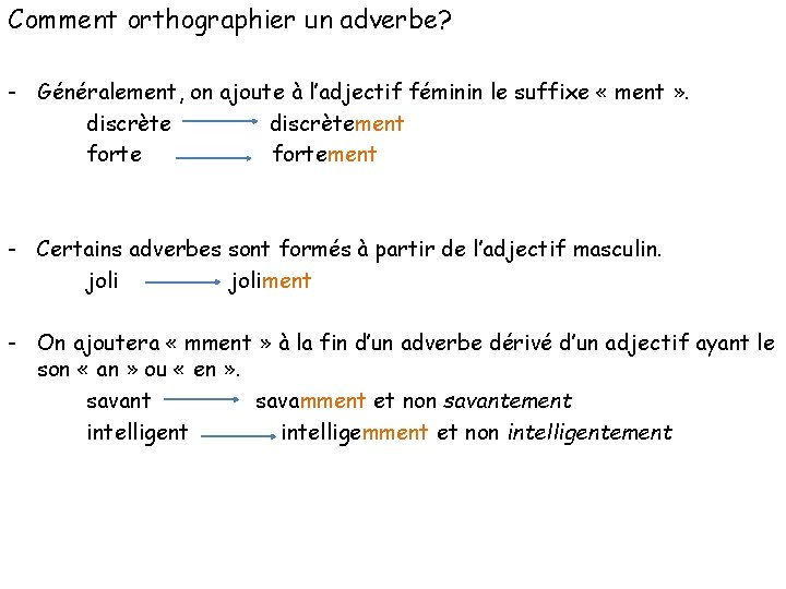 Comment orthographier un adverbe? - Généralement, on ajoute à l’adjectif féminin le suffixe «