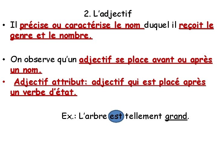 2. L’adjectif • Il précise ou caractérise le nom duquel il reçoit le genre