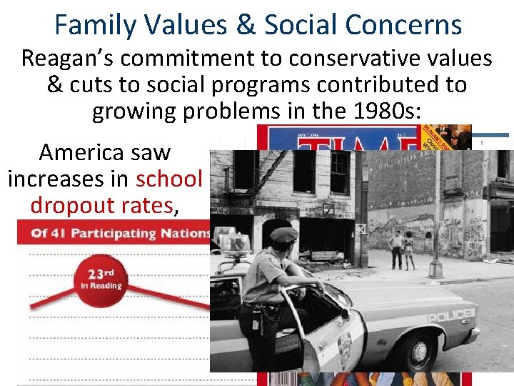Family Values & Social Concerns Reagan’s commitment to conservative values & cuts to social