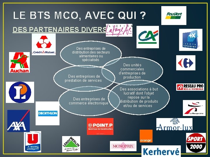 LE BTS MCO, AVEC QUI ? DES PARTENAIRES DIVERSIFIES Des entreprises de distribution des