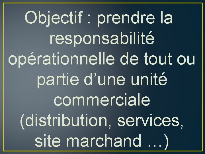 Objectif : prendre la responsabilité opérationnelle de tout ou partie d’une unité commerciale (distribution,