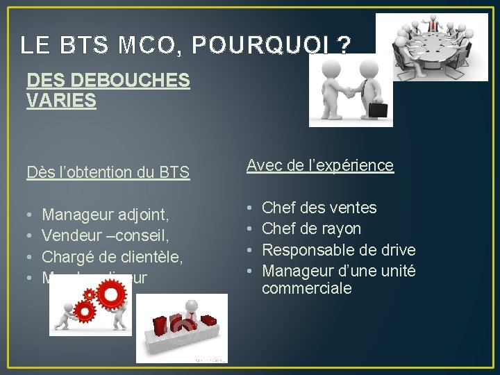 LE BTS MCO, POURQUOI ? DES DEBOUCHES VARIES Dès l’obtention du BTS • Manageur