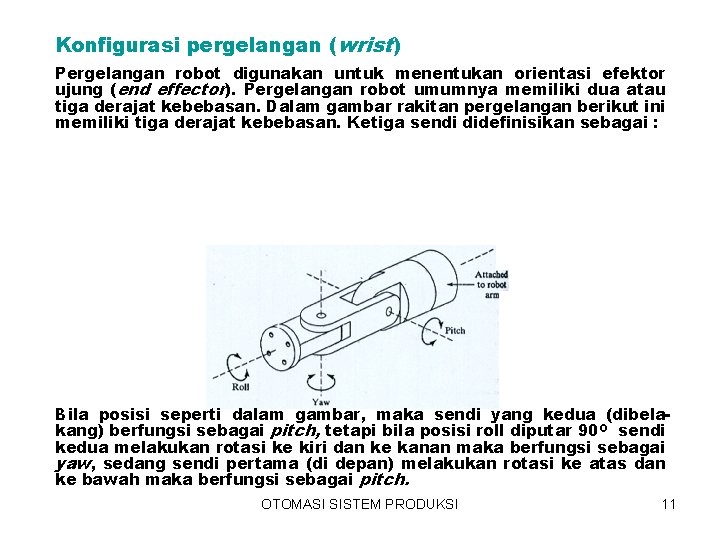 Konfigurasi pergelangan (wrist) Pergelangan robot digunakan untuk menentukan orientasi efektor ujung (end effector). Pergelangan