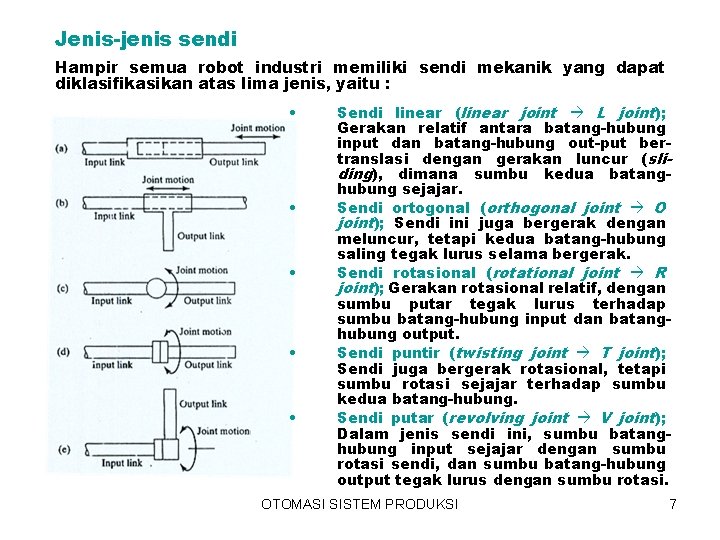 Jenis-jenis sendi Hampir semua robot industri memiliki sendi mekanik yang dapat diklasifikasikan atas lima