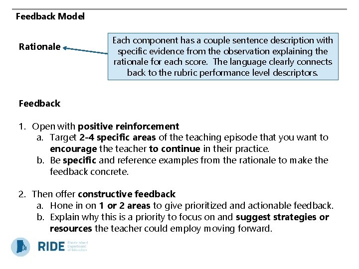 Feedback Model Rationale Each component has a couple sentence description with specific evidence from