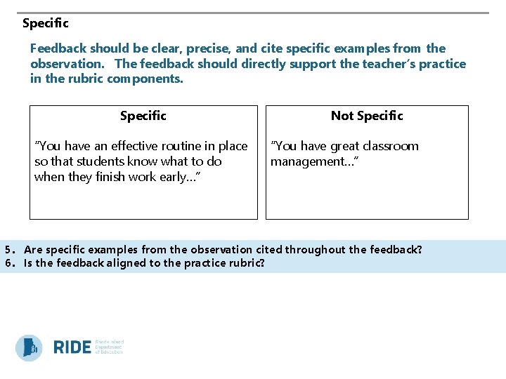 Specific Feedback should be clear, precise, and cite specific examples from the observation. The