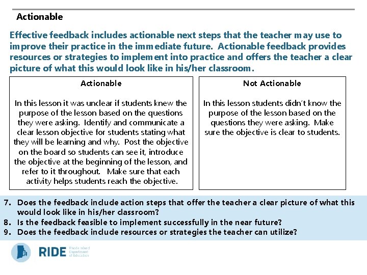 Actionable Effective feedback includes actionable next steps that the teacher may use to improve