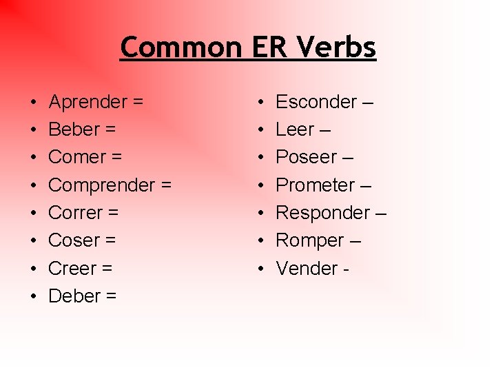 Common ER Verbs • • Aprender = Beber = Comprender = Correr = Coser Common ER Verbs • • Aprender = Beber = Comprender = Correr = Coser