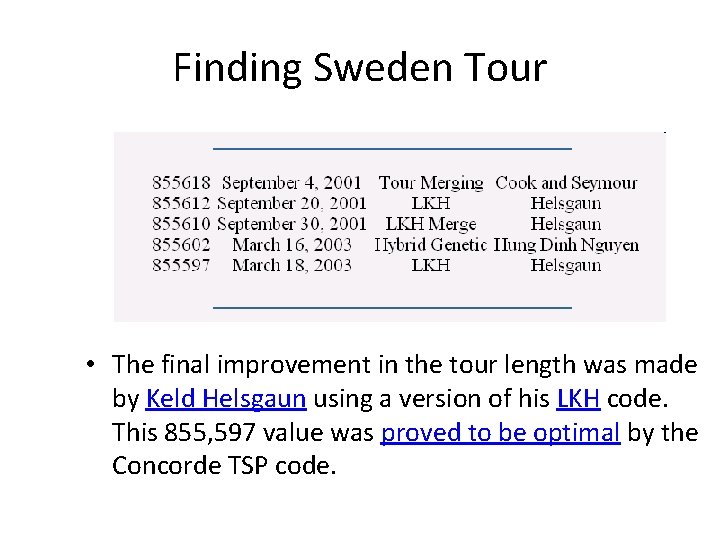 Finding Sweden Tour • The final improvement in the tour length was made by