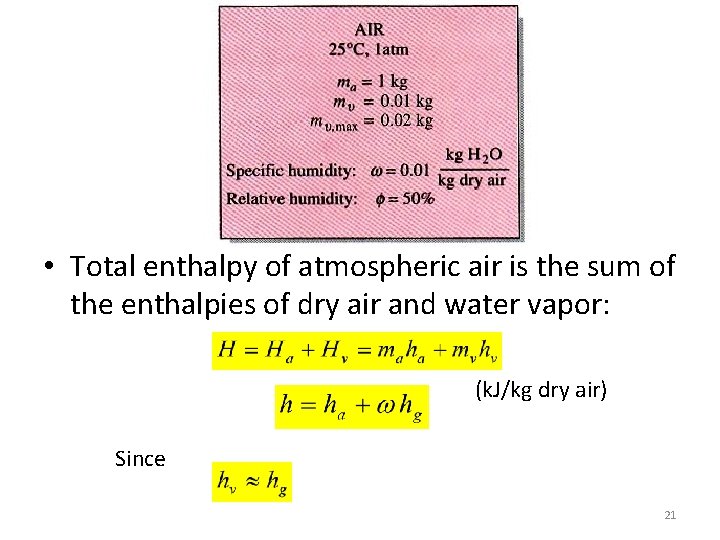  • Total enthalpy of atmospheric air is the sum of the enthalpies of