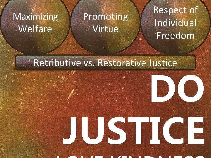 Maximizing Welfare Promoting Virtue Respect of Individual Freedom Retributive vs. Restorative Justice DO JUSTICE