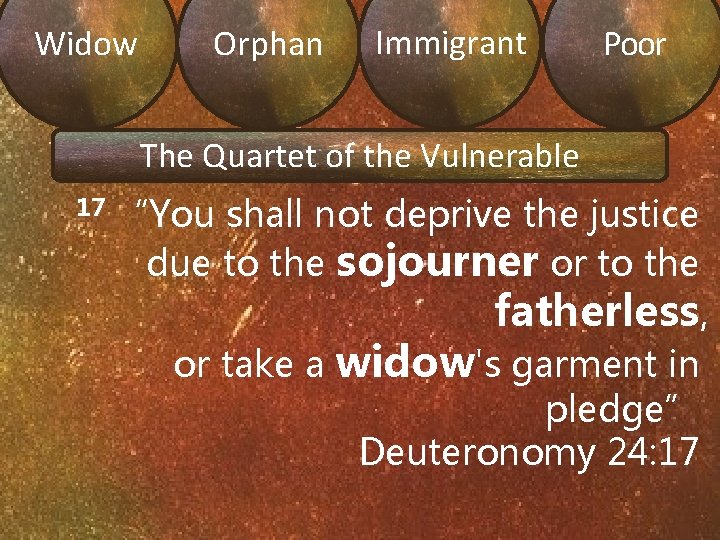 Widow Orphan Immigrant Poor The Quartet of the Vulnerable 17 “You shall not deprive