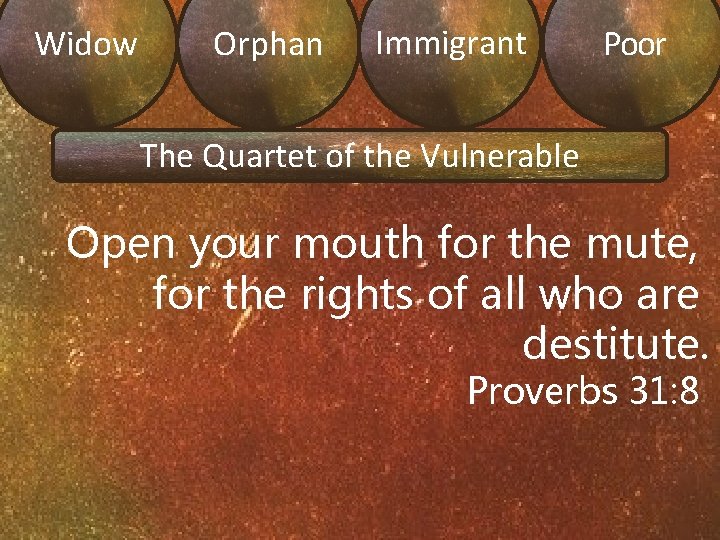 Widow Orphan Immigrant Poor The Quartet of the Vulnerable Open your mouth for the