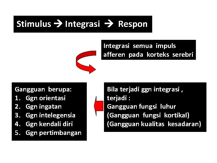 Stimulus Integrasi Respon Integrasi semua impuls afferen pada korteks serebri Gangguan berupa: 1. Ggn