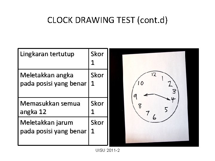 CLOCK DRAWING TEST (cont. d) Lingkaran tertutup Skor 1 Meletakkan angka Skor pada posisi