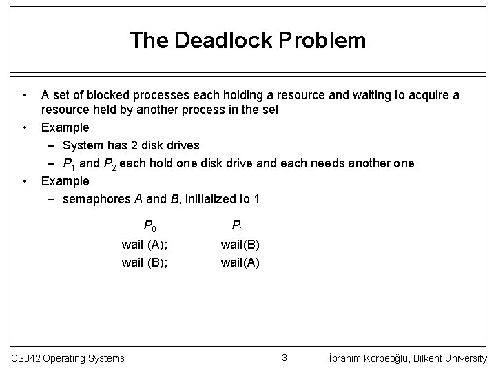 The Deadlock Problem • • • A set of blocked processes each holding a