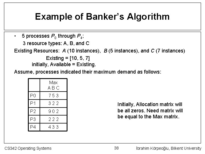 Example of Banker’s Algorithm • 5 processes P 0 through P 4; 3 resource