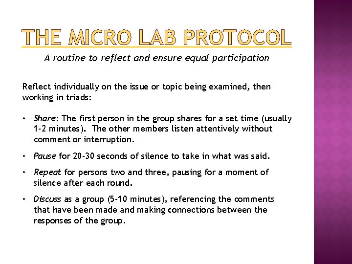 THE MICRO LAB PROTOCOL A routine to reflect and ensure equal participation Reflect individually