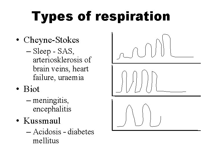 Types of respiration • Cheyne-Stokes – Sleep - SAS, arteriosklerosis of brain veins, heart