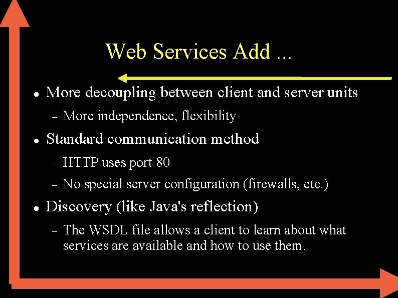 Web Services Add. . . More decoupling between client and server units More independence,