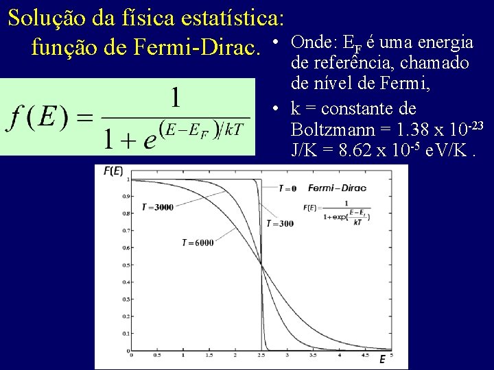 Solução da física estatística: função de Fermi-Dirac. • Onde: EF é uma energia de