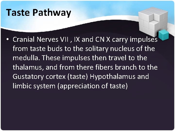 Taste Pathway • Cranial Nerves VII , IX and CN X carry impulses from