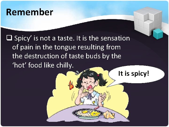 Remember q Spicy’ is not a taste. It is the sensation of pain in