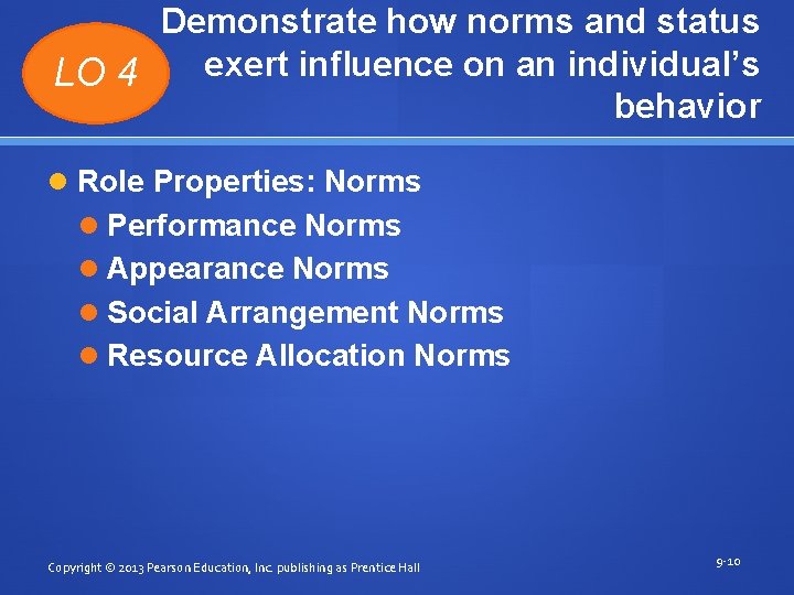 Demonstrate how norms and status exert influence on an individual’s LO 4 behavior Role Demonstrate how norms and status exert influence on an individual’s LO 4 behavior Role
