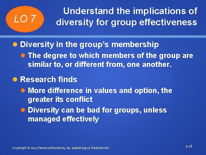 LO 7 Understand the implications of diversity for group effectiveness Diversity in the group’s