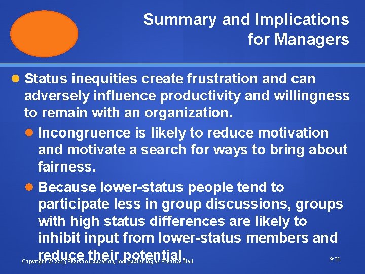 Summary and Implications for Managers Status inequities create frustration and can adversely influence productivity Summary and Implications for Managers Status inequities create frustration and can adversely influence productivity
