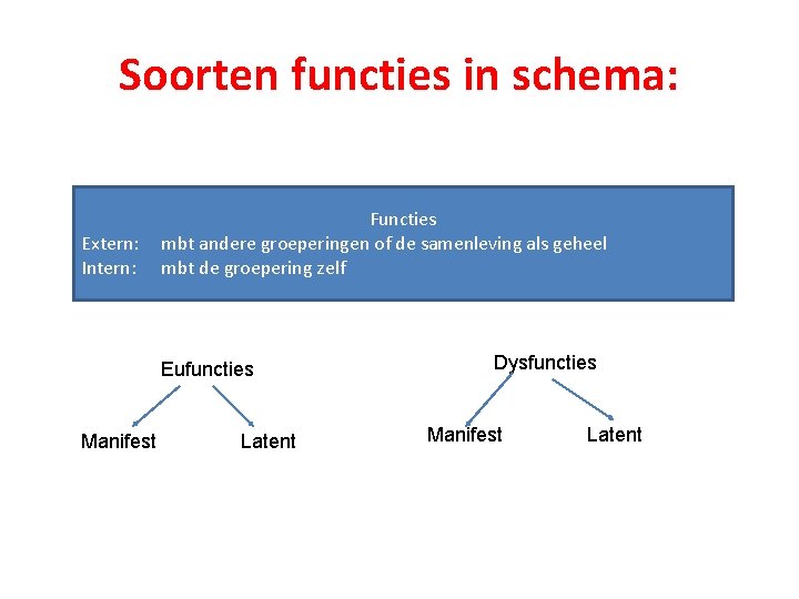 Soorten functies in schema: Extern: Intern: Functies mbt andere groeperingen of de samenleving als