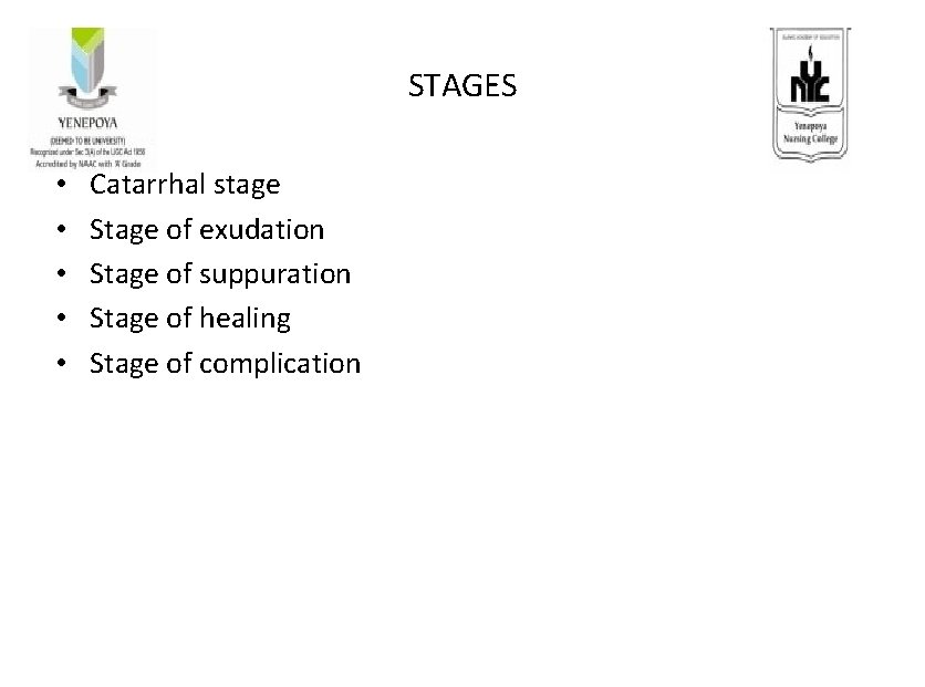 STAGES • • • Catarrhal stage Stage of exudation Stage of suppuration Stage of