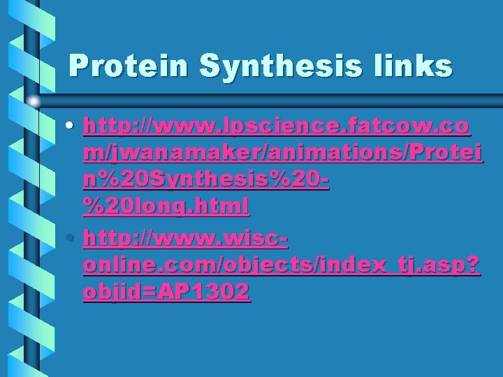 Protein Synthesis links • http: //www. lpscience. fatcow. co m/jwanamaker/animations/Protei n%20 Synthesis%20%20 long. html