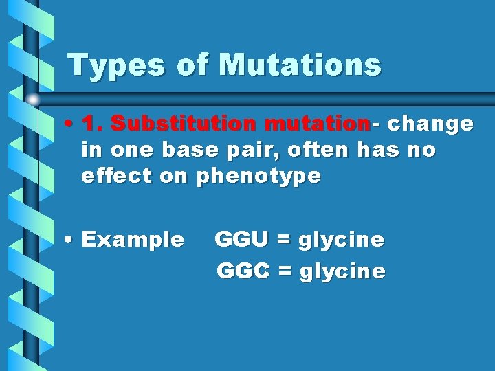 Types of Mutations • 1. Substitution mutation- change in one base pair, often has